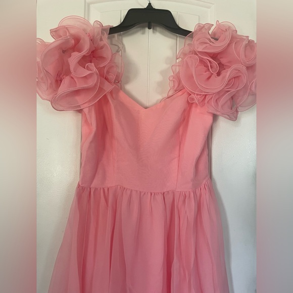 Vintage 70s Blush Pink Organza Ruffled Sleeve Bridal / Prom Formal Gown - Picture 14 of 16